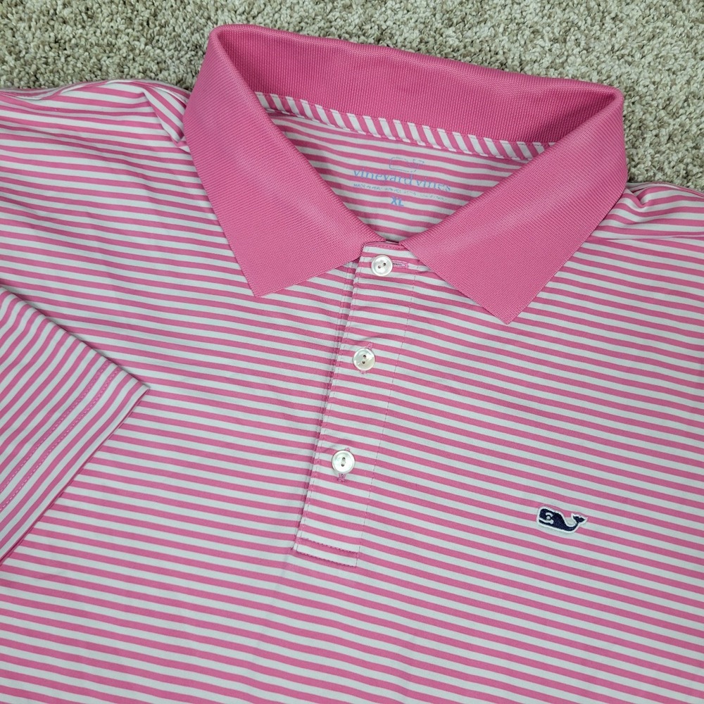 Vineyard Vines Mens XL Pink White Striped Performance Stretch Golf Polo SS